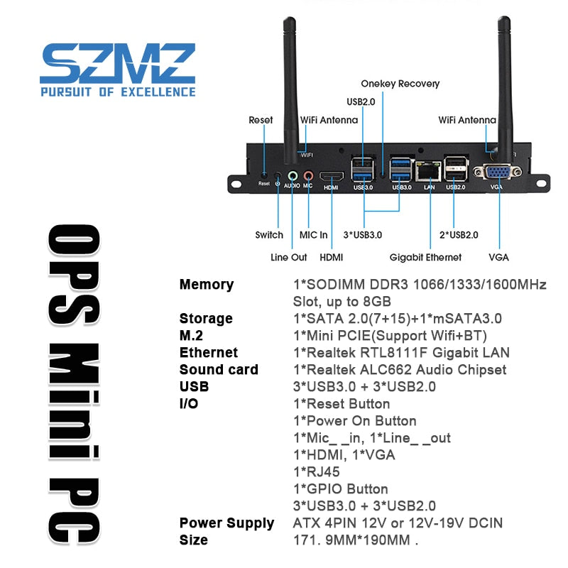 SZMZ OPS Mini PC Core i3 i5 i7 Processor DDR3 8G 128GB 256GB SSD Windows 10 Linux Gaming Desktop Computer , Gamer PC