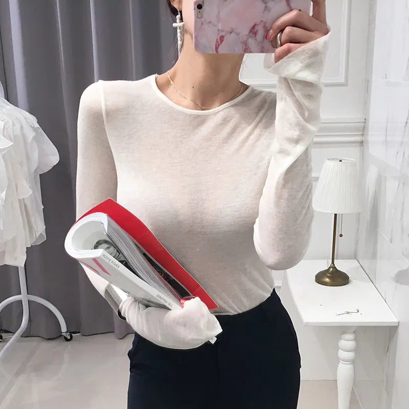 Shintimes Sexy Shirt Women T-Shirt Long Sleeve Korean Style Slim Basic Elasticity Tshirt Top Womens Clothing T Shirt Femme