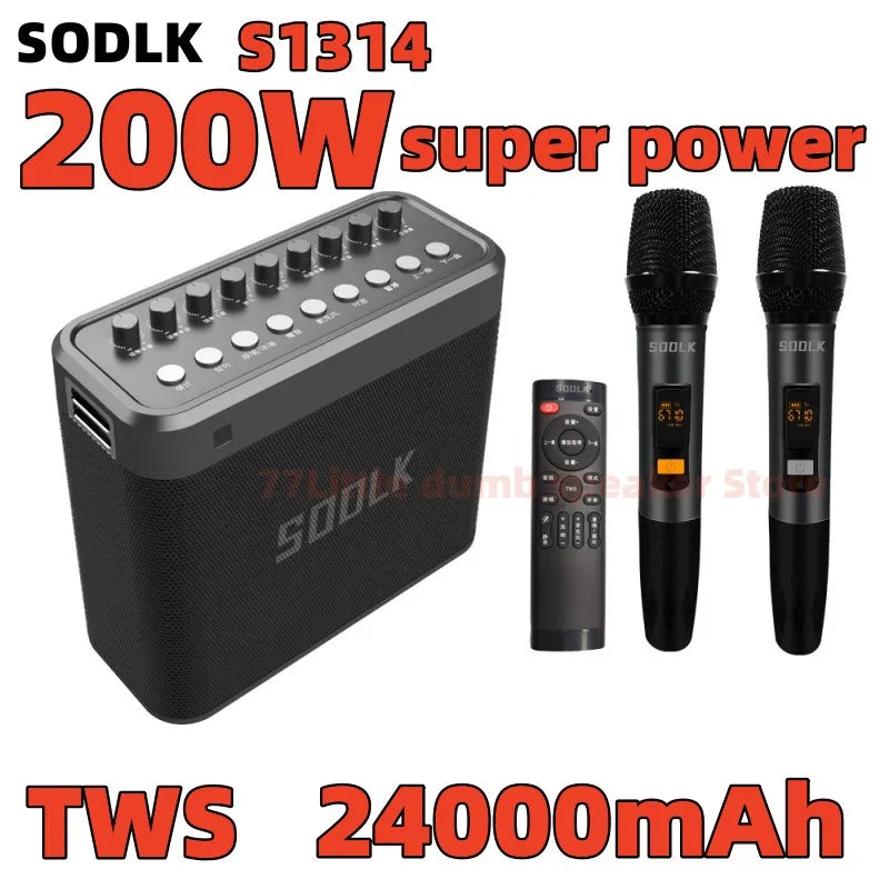 SODLK S1314 Highpower 200W Wireles سمّاعات بلوتوث خارجي كاريوكي صوت 4 قرن ثقيل باس 24000mAh بطارية سوبر طويل الاستعداد