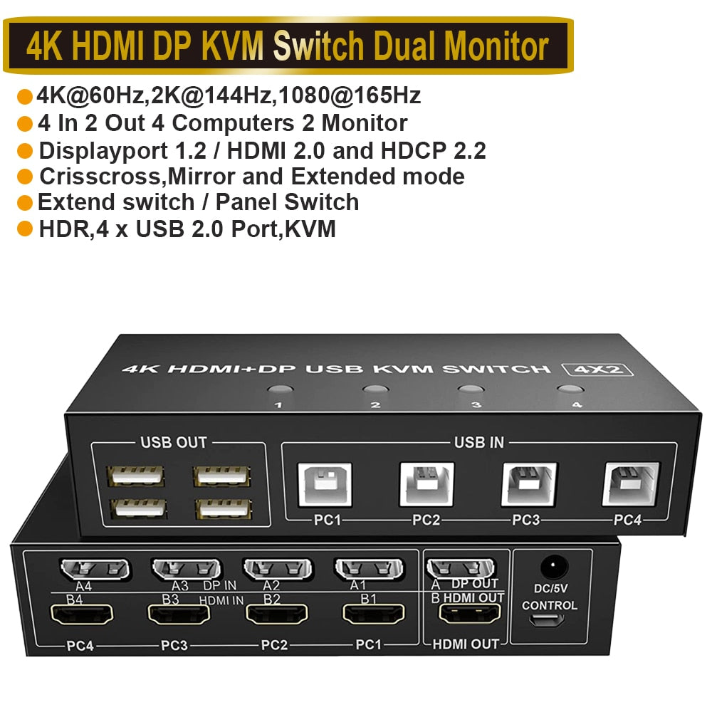 4 Port HDMI KVM Switch 4X2 Dual Monitor 4K@60Hz Extended Display DP USB KVM Switch 4 in 2 out for 4 PC Share Keyboard Mouse