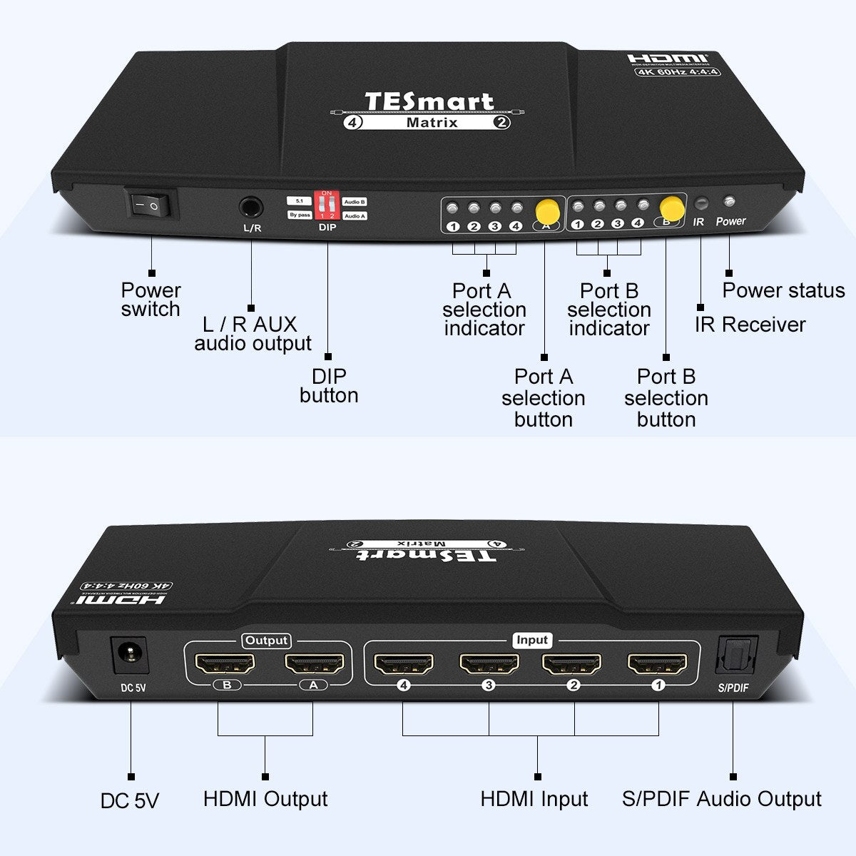 HDMI Matrix  4X2 HDMI Switcher Splitter 4 Ports Input and 2 Ports Output with Analog Stereo(SPDIF) Support 4Kx2K@60HZ HDCP