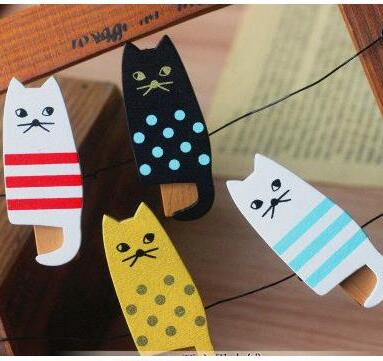 4PCS/lot  New lovely cat Wooden Clip Bag Paper Clip Special Gift Fashion wood pegs