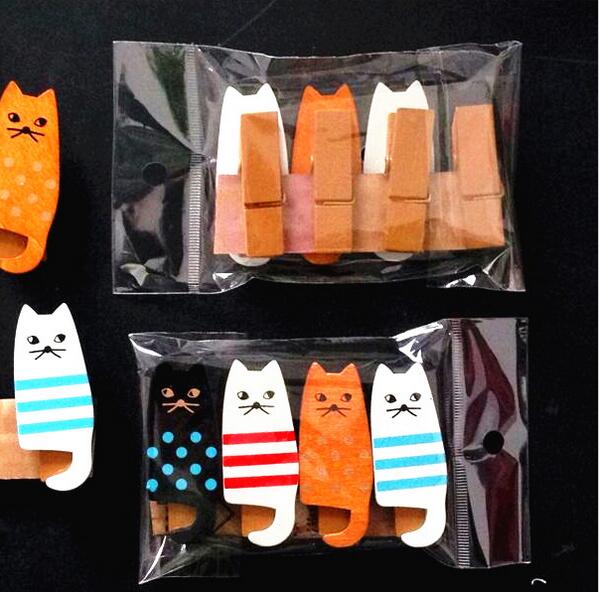 4PCS/lot  New lovely cat Wooden Clip Bag Paper Clip Special Gift Fashion wood pegs