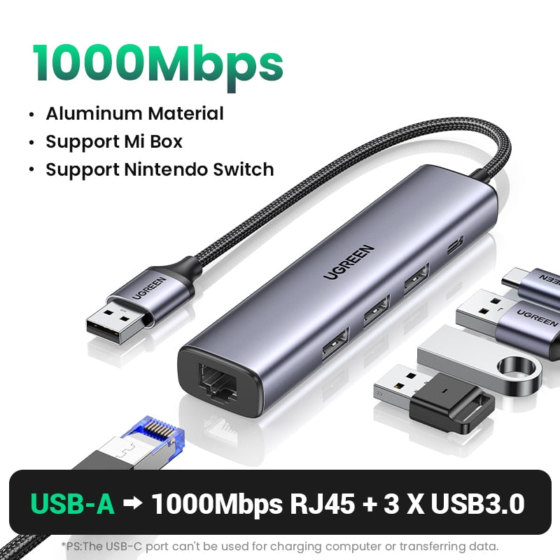 UGREEN USB Ethernet Adapter 1000/100Mbps USB3.0 HUB RJ45 Lan for Laptop PC Xiaomi Mi Box Macbook Windows USB-C HUB Network Card