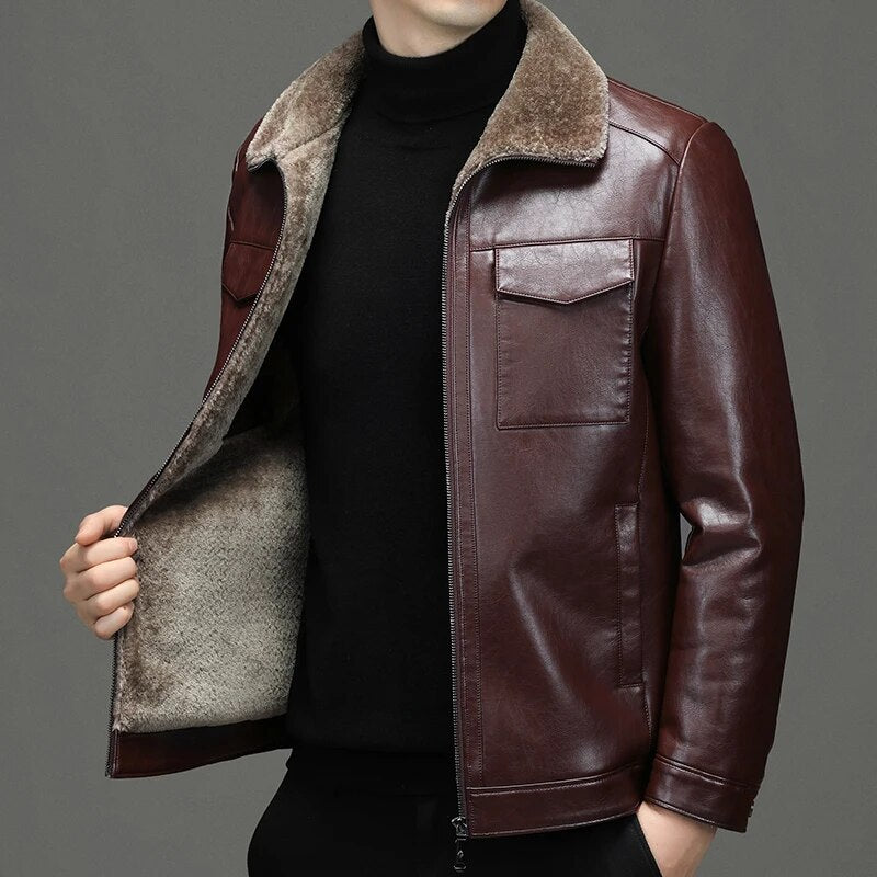 2023 Winter New Leather Coat Fleece-Lined Thickened Fur Integrated Warm Fashion Casual Men 'S Coat Leather Jacket