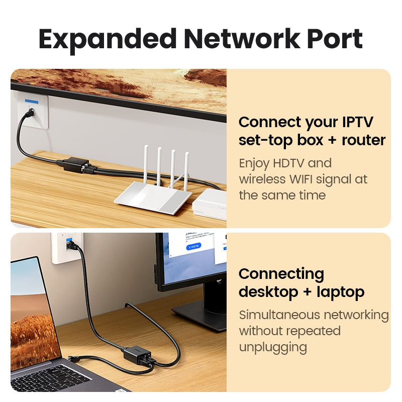 UGREEN RJ45 Splitter 1 to 2 Ethernet Adapter Internet Network Cable Extender RJ45 Connector Coupler for PC TV Box Router Cat6