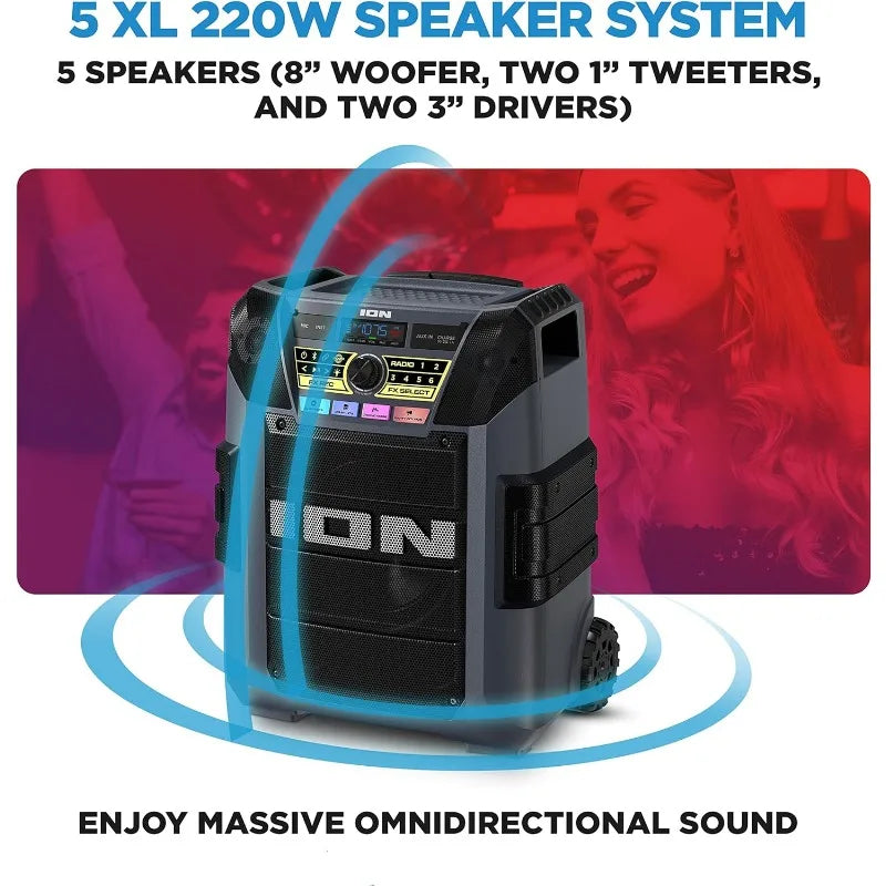 ION Block Rocker XL - مكبر صوت بلوتوث محمول للحفلات الخارجية، 220 وات، مع ميكروفون كاريوكي، بطارية، 5 مكبرات صوت، أضواء