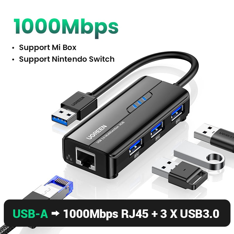 UGREEN USB Ethernet Adapter 1000/100Mbps USB3.0 HUB RJ45 Lan for Laptop PC Xiaomi Mi Box Macbook Windows USB-C HUB Network Card