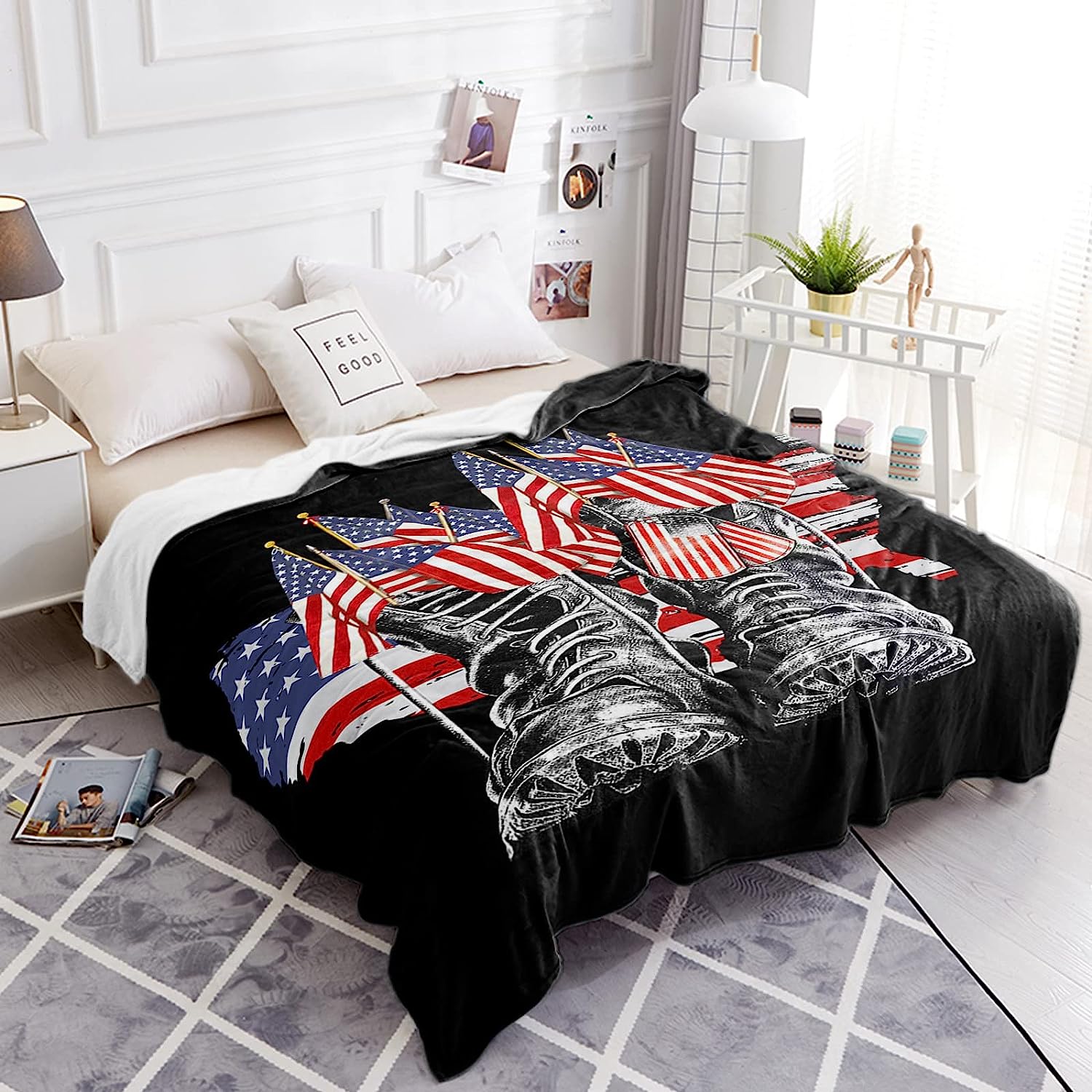 Memorial Day Soldier Shoes Throw Blankets, USA Star Striped Flag Luxury Ultra Soft Flannel Bed Blanket Blue White Red