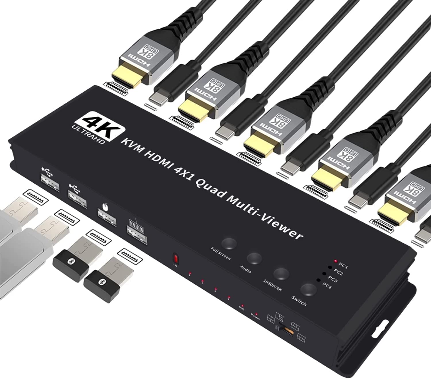 4K HDMI KVM Switch 4x1 رباعي متعدد المشاهد 4 في 1 خارج KVM HDMI معالج شاشة متعدد المشاهد سلس لـ 4 قطعة لوحة مفاتيح وماوس مشاركة