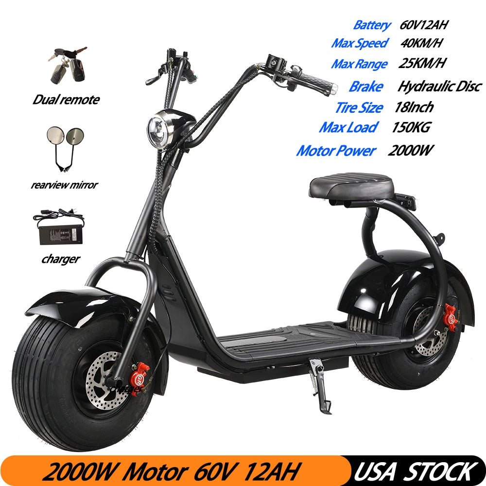 Citycoco Electric Scooter 2000W Motor 60V12AH Lithium Battery 2 Wheel Scooter Suitable For Adults To Work And Commute Outdoors