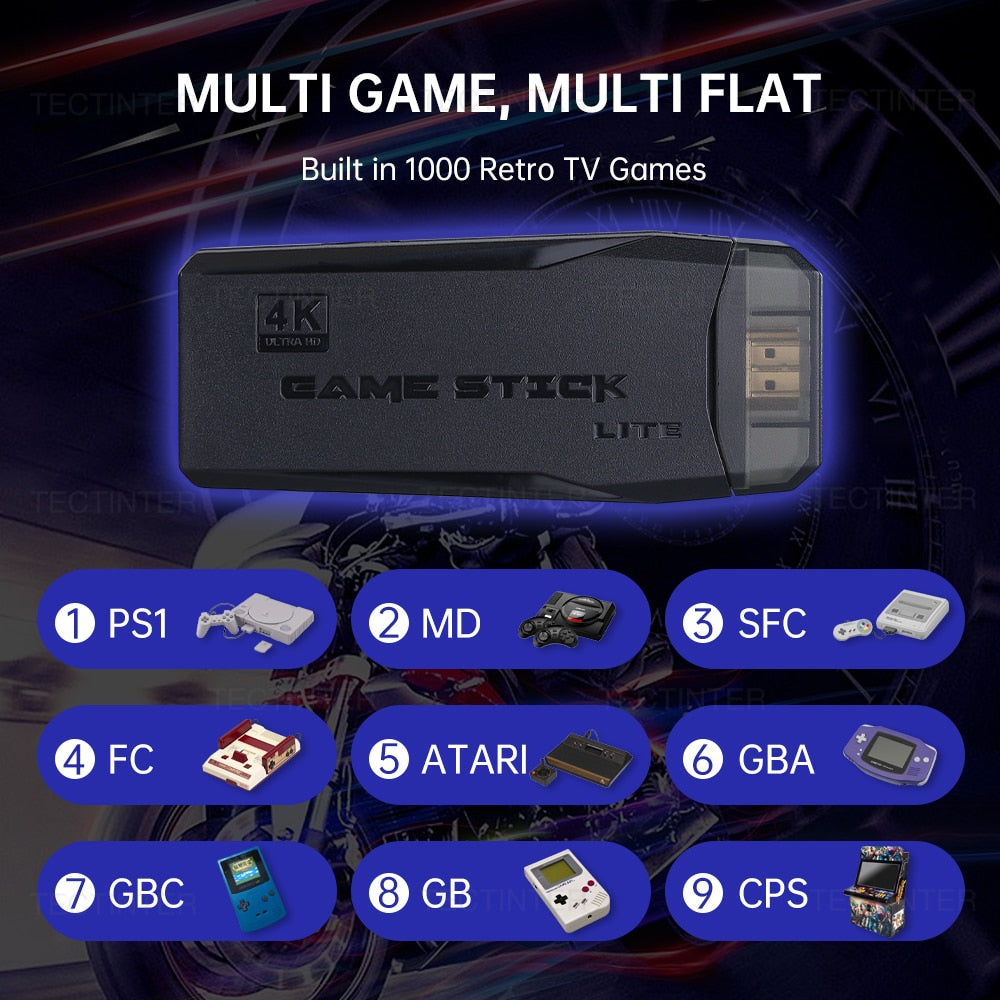 4K TV Game Stick لعبة فيديو وحدة التحكم لـ PS1/GBA/FC 10000+ ألعاب وحدة تحكم بجهاز لعب محمول مع 4 وحدات تحكم لاسلكية