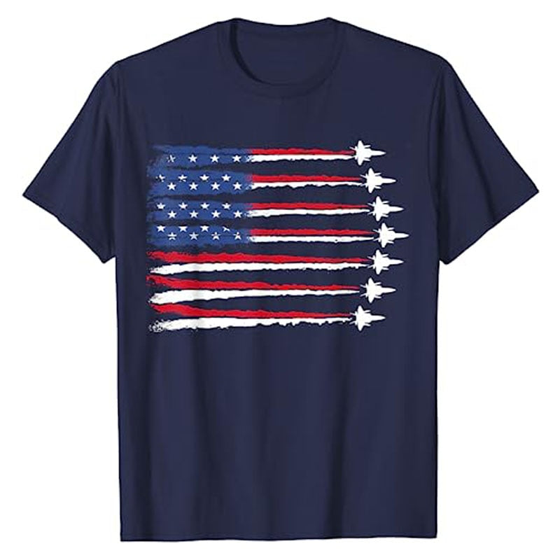 Patriotic Red White Blue US Flag Fighter Jets 4th of July T-Shirt American USA Proud Graphic Tee Memorial Veteran's Day Apparel