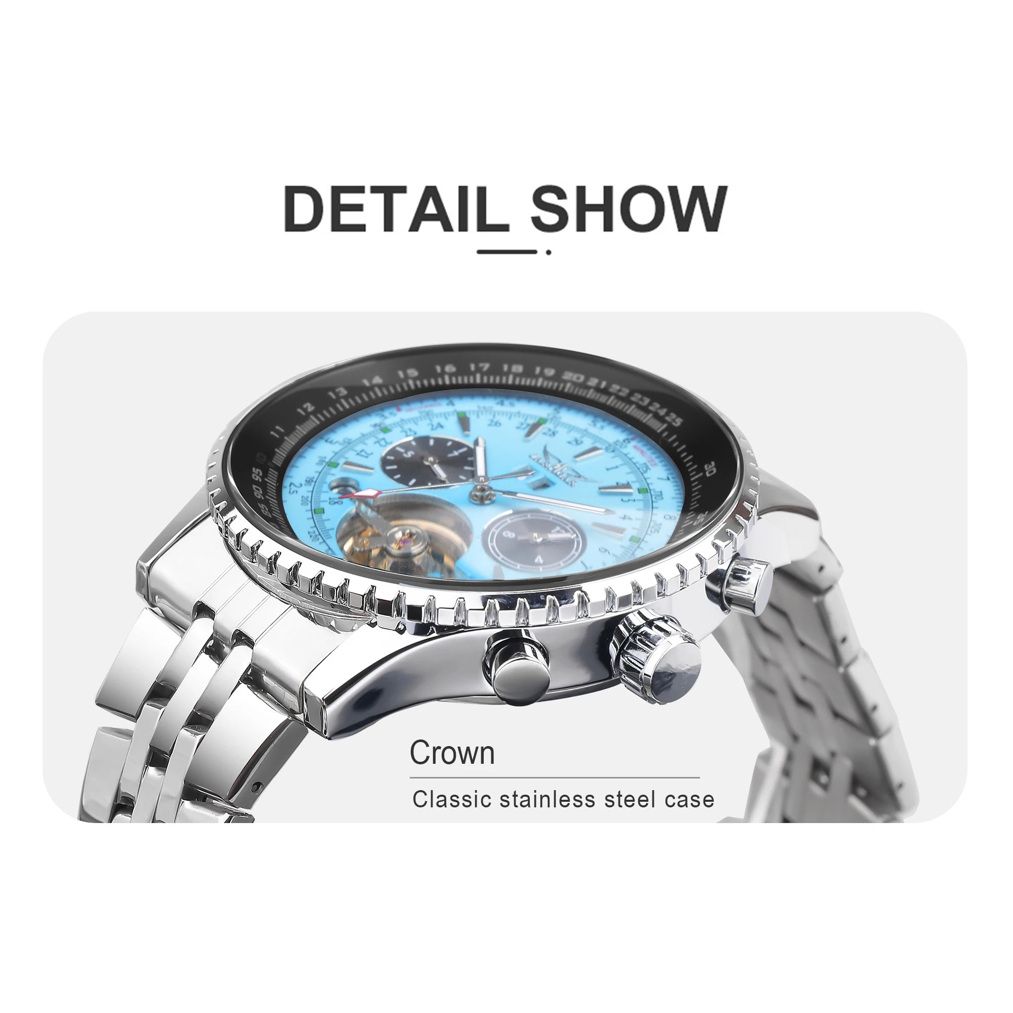 Jaragar Mens Automatic Mechanical Watch Fashion Tourbillon Blue Dial Date Display Stainless Steel Strap Military Sport Watches