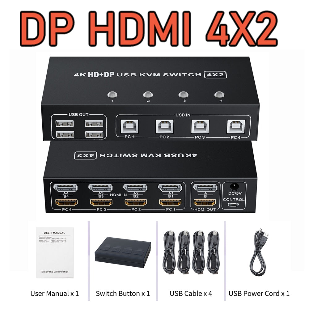 Dual Monitor 4X2 Displayport HDMI KVM Switch 4K 60Hz Extended Display 2X2 DP USB KVM Switcher 2/4 PCs computers Keyboard Mouse