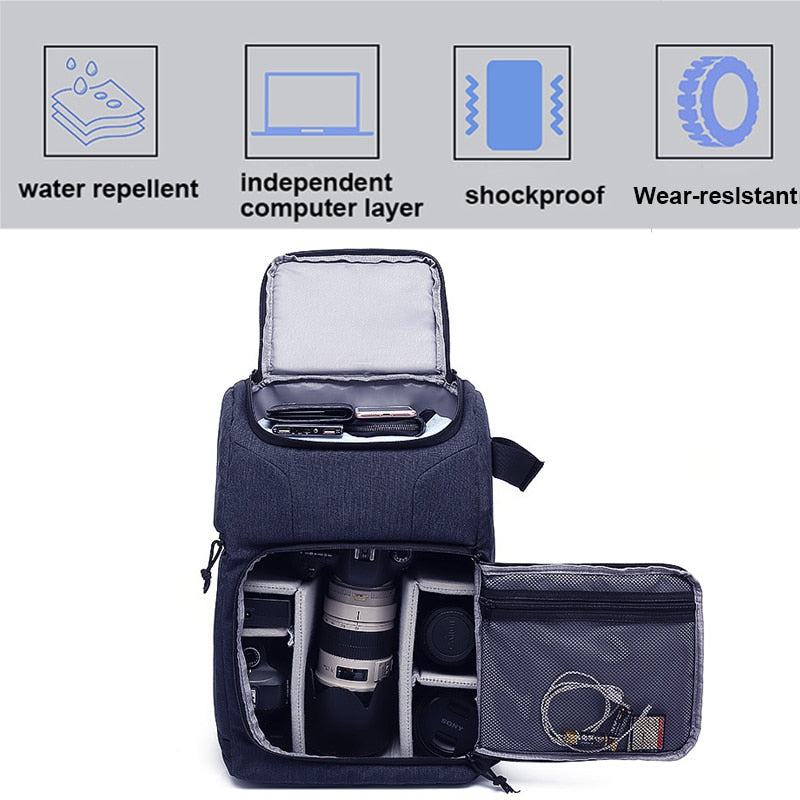 حقيبة كاميرا DSLR مقاومة للماء، حقيبة ظهر لكاميرات الصور، حقيبة ظهر محمولة للسفر، حقيبة عدسة ثلاثية القوائم، حقيبة فيديو لكاميرا DSLR والكمبيوتر اللوحي والكمبيوتر المحمول