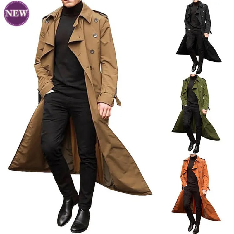 Simple Men's New Windbreaker 2023 Men's Extended Belt Double Breasted Trench Coat Fashion Casual Jacket Men's Clothing