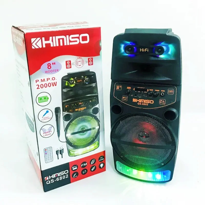 KIMISO QS-6802 مكبرات صوت محمولة خارجية 8 بوصة نظام مكبر صوت كاريوكي DJ مع ضوء LED مكبرات صوت بلوتوث لاسلكية 2000 وات ذروة
