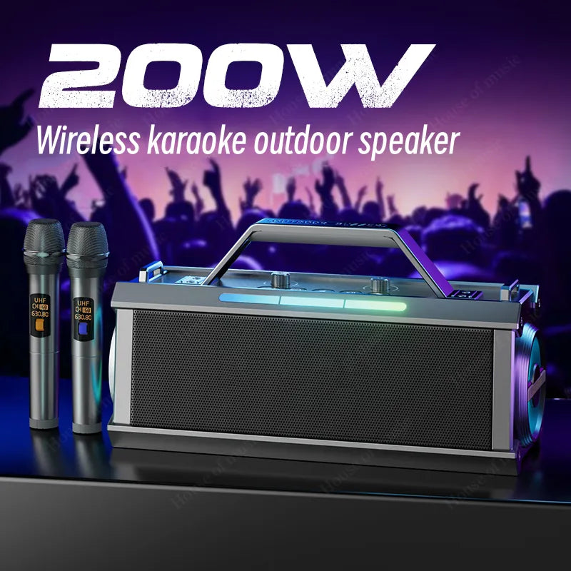 200W Outdoor Karaoke Portable Wireless Speaker Heavy Subwoofer With 2 Microphones Supporting Bluetooth/TF Card/USB Play FM RADIO