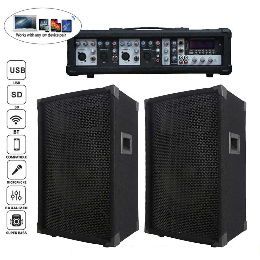 Professional audio 1200W 2X15"Subwoofer PA speaker system BT TWS karaoke sets 4 channel powered mixer Sound box bocina parlant