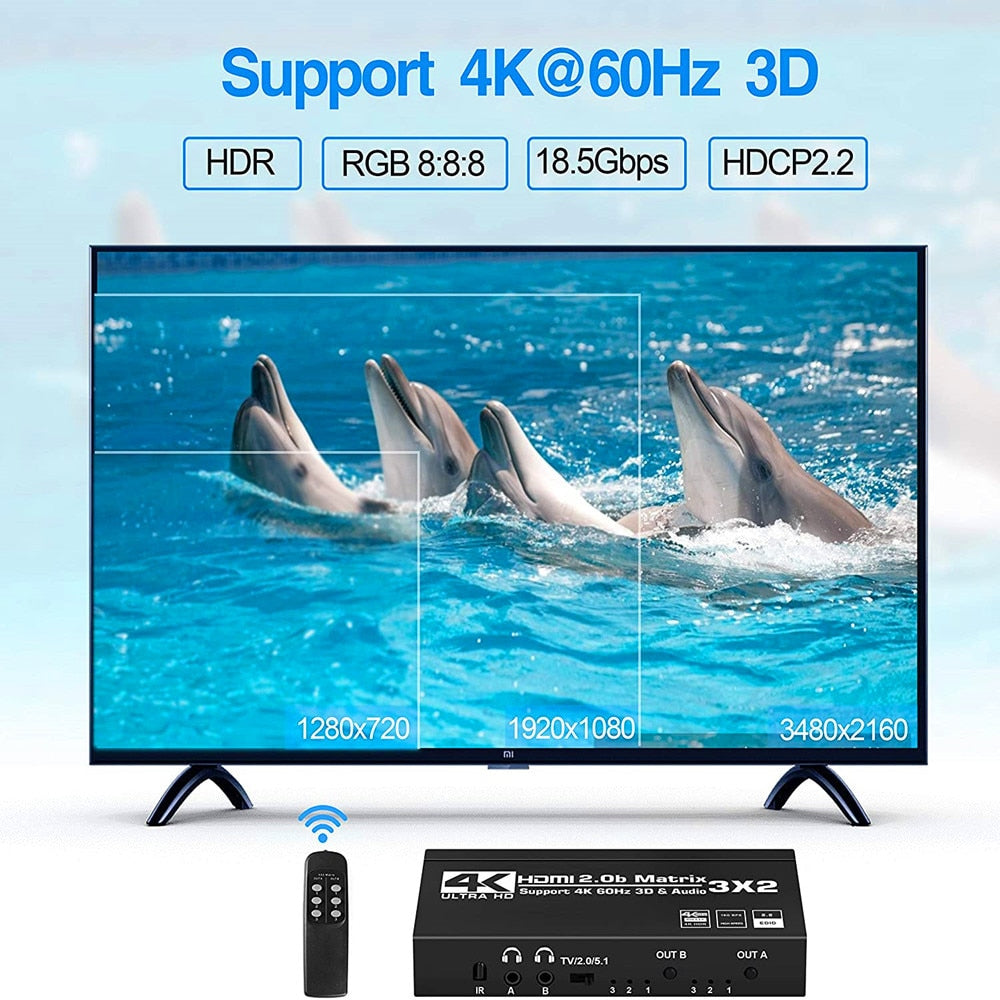 3X2 HDMI Matrix Splitter Switch 4K 60Hz HDMI 2X2 splitter Switcher with audio supports HDMI Matrix and splitter mode HDMI 2.0