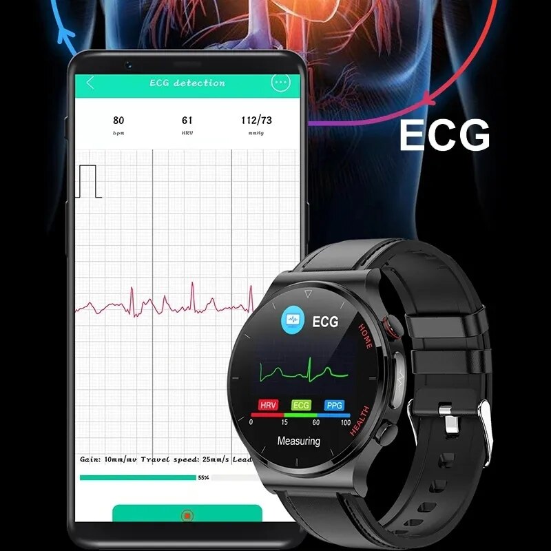 2023 جلوكوز الدم ساعة ذكية كاملة شاشة تعمل باللمس رجالي ECG مراقبة ضغط الدم درجة حرارة الجسم Smartwatch IP68 مقاوم للماء