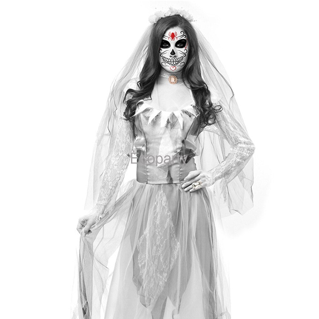 Women Halloween Horror Bride Ghost Zombie Cosplay Halloween Black White Long Sleeve Irregular Dress Masquerade Party Dress Up