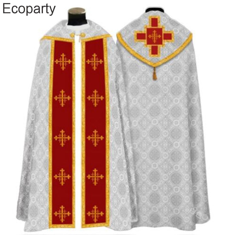 New Halloween Men's Medieval Church Pastor Cosplay Robe Retro Printed Tassels Priest Cape Purim Carnival Party Costume For Male