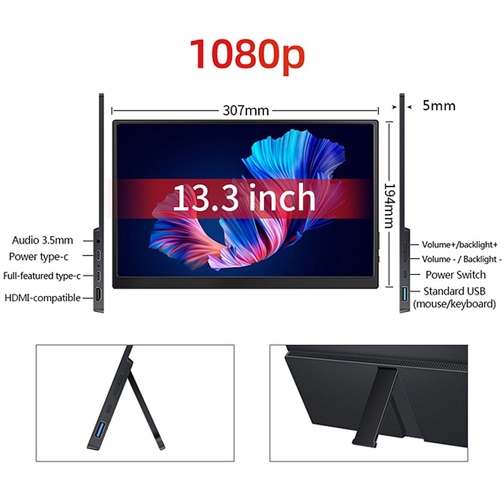 16 Inch Portable Monitor IPS FHD 1920*1080P Laptop Extended Screen USB C HDMI-Compatible PS4 PS5 Switch Computer Gaming Display