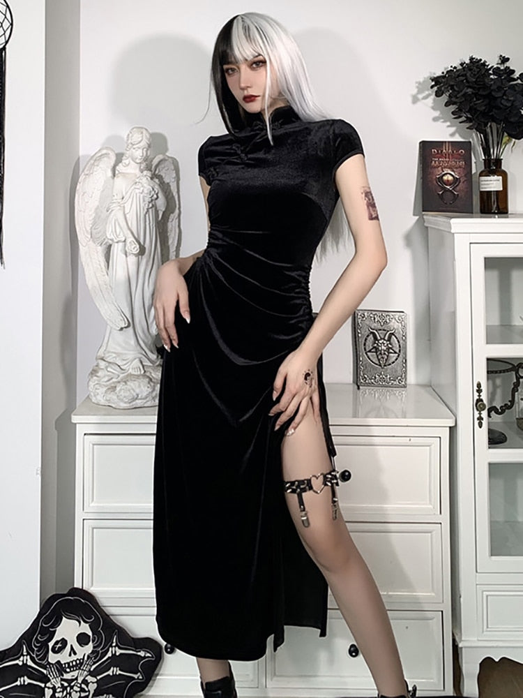 Goth Dark Romantic Gothic Velvet Aesthetic Dresses Vintage Women Black Bandage SlitHem Bodycon Dress Sexy Evening Wear Cheongsam