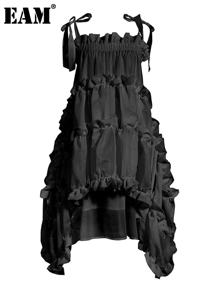 [EAM] فستان نسائي غير منتظم بحزام سباغيتي جديد برقبة دائرية وأكمام طويلة فضفاض مناسب موضة المد ربيع الخريف 2024 1W571