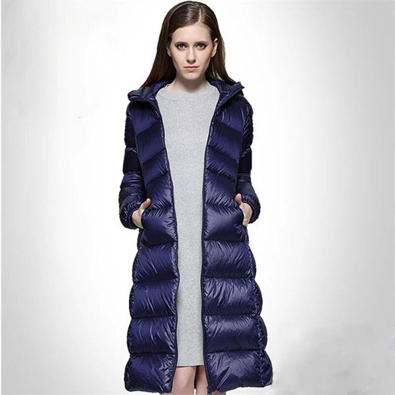 2023 New Women Down Jacket Winter Coat Female Long Knee Length Parkas Large Size Hooded Outwear Thin Comfortable Outcoat