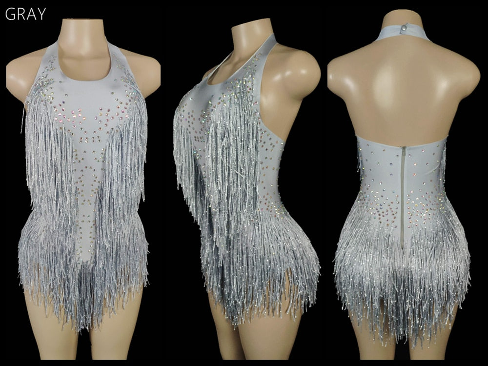 Sparkly Crystals Fringes Bodysuit Sexy Tassel Leotard Jazz Dance Costume One-piece Stage Wear Dancer Performance Show Clothing