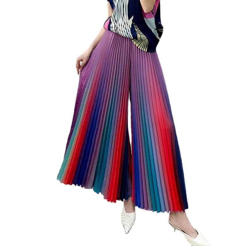 Women's Spring/Summer New Gradient Pleated Loose and Versatile Wide Leg Flare Pants Fashion Autumn Street Style Rainbow Pants