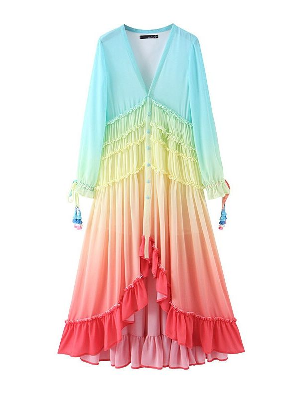 BOHO Gradient Rainbow Color Single-breasted Button Long Dress Sexy Women Holiday Wood ear Tassel Long Sleeve Ruffles Dresses