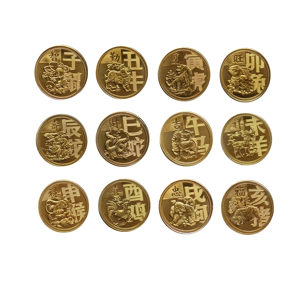 Twelve Zodiac Animals Collectible Coins Year Of The Tiger 2022 Gold Plated Chinese Culture Coins Set Commemorative Medal Craft