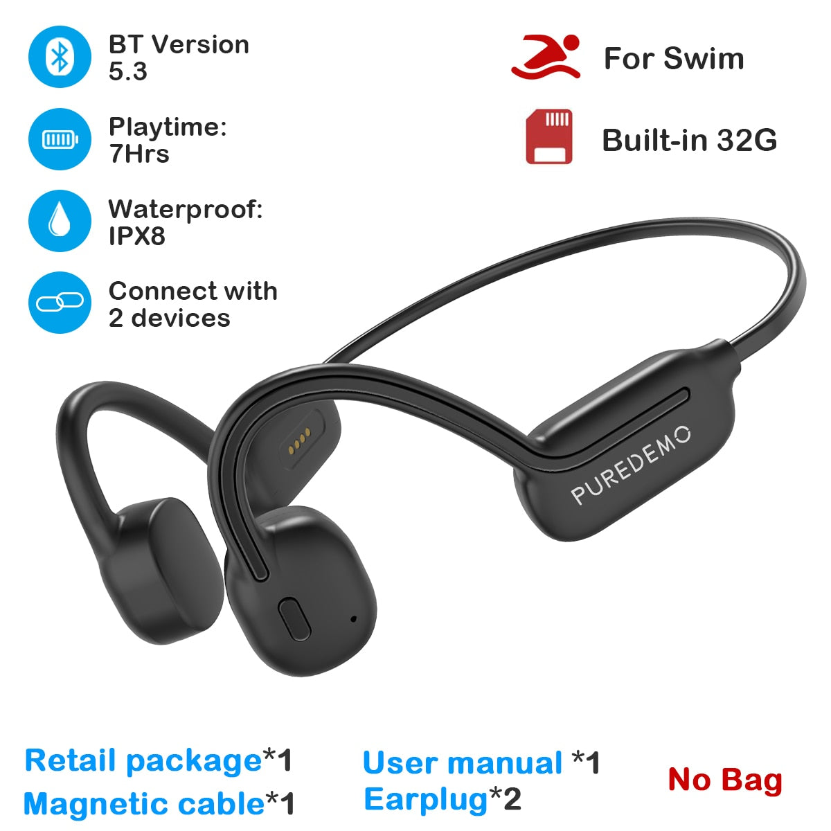 Real Bone Conduction Headphones Bluetooth 5.3 Wireless Earphones Waterproof Sports Headset with Mic for Workouts Running Driving