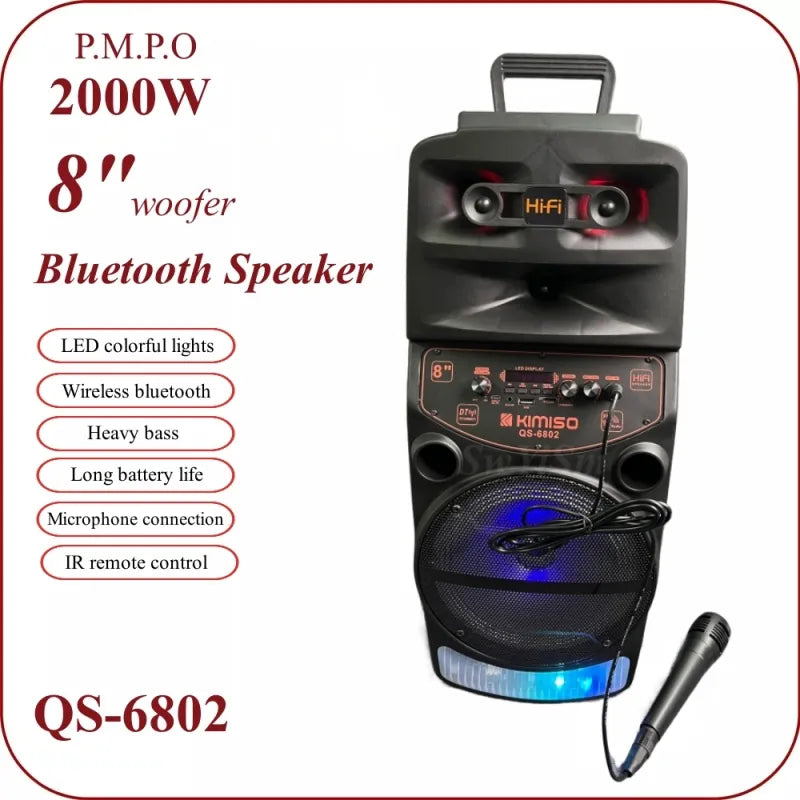 KIMISO QS-6802 8 Inch Outdoor Portable Speakers Karaoke DJ Speaker System With LED Light Wireless BlueTooth Speakers 2000W Peak