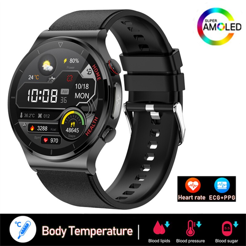 2023 Blood Glucose Smart Watch Full Touch Screen Mens ECG Monitoring Blood Pressure Body Temperature Smartwatch IP68 Waterproof