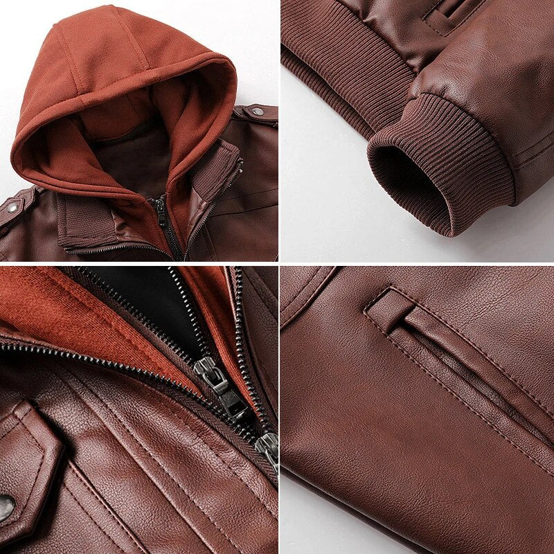 Leather Jackets For Men Casual Cowhide PU Leather Hooded Autumn Winter Coats Male Warm Vintage Motorcycle Punk Overcoats
