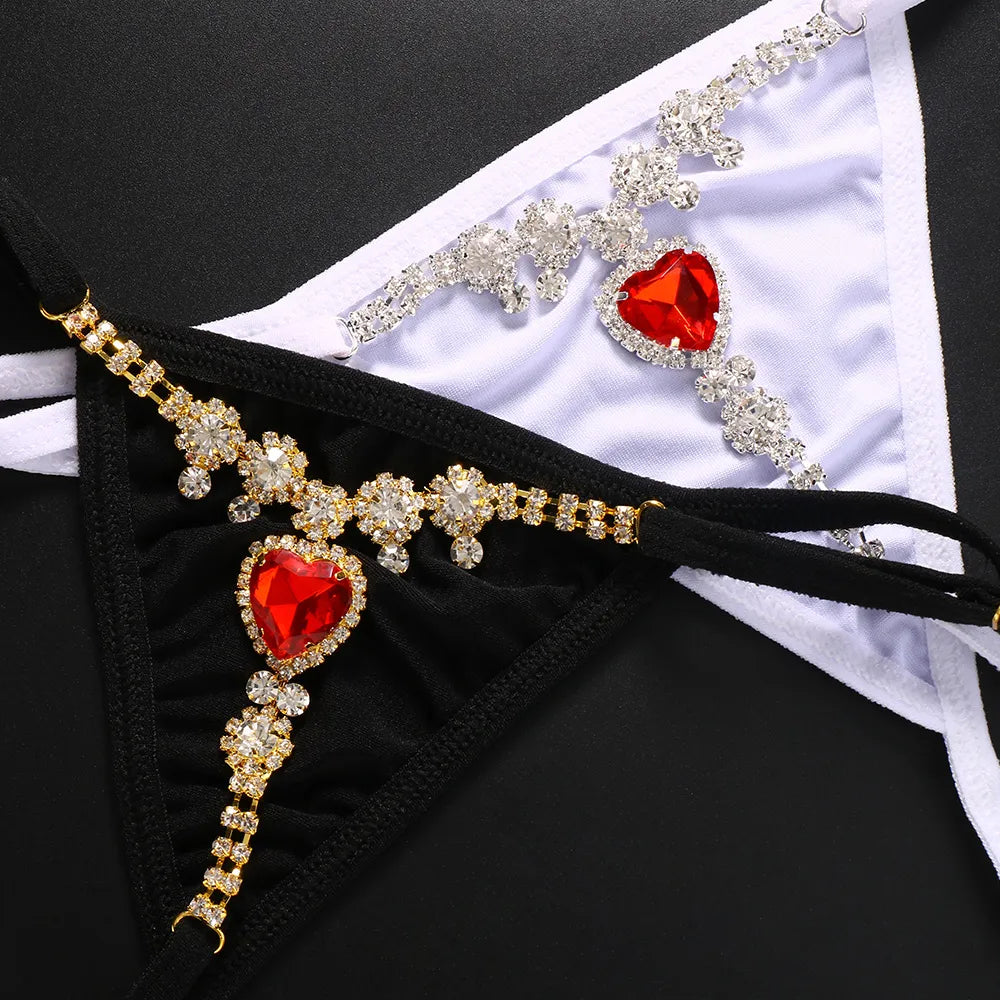Stonefans Red Crystal Sexy Bikini Thong Lingerie Clothing for Women Luxury Swimsuit Rhinestone Heart Panties Body Jewelry Gift