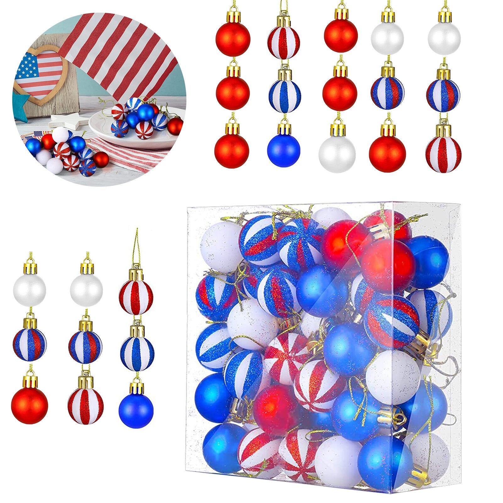 54pcs July 4th Memorial Day Plastic For Tree Christmas Home Holiday Party Decorations USA Themed Patriotic Hanging Ball Ornament