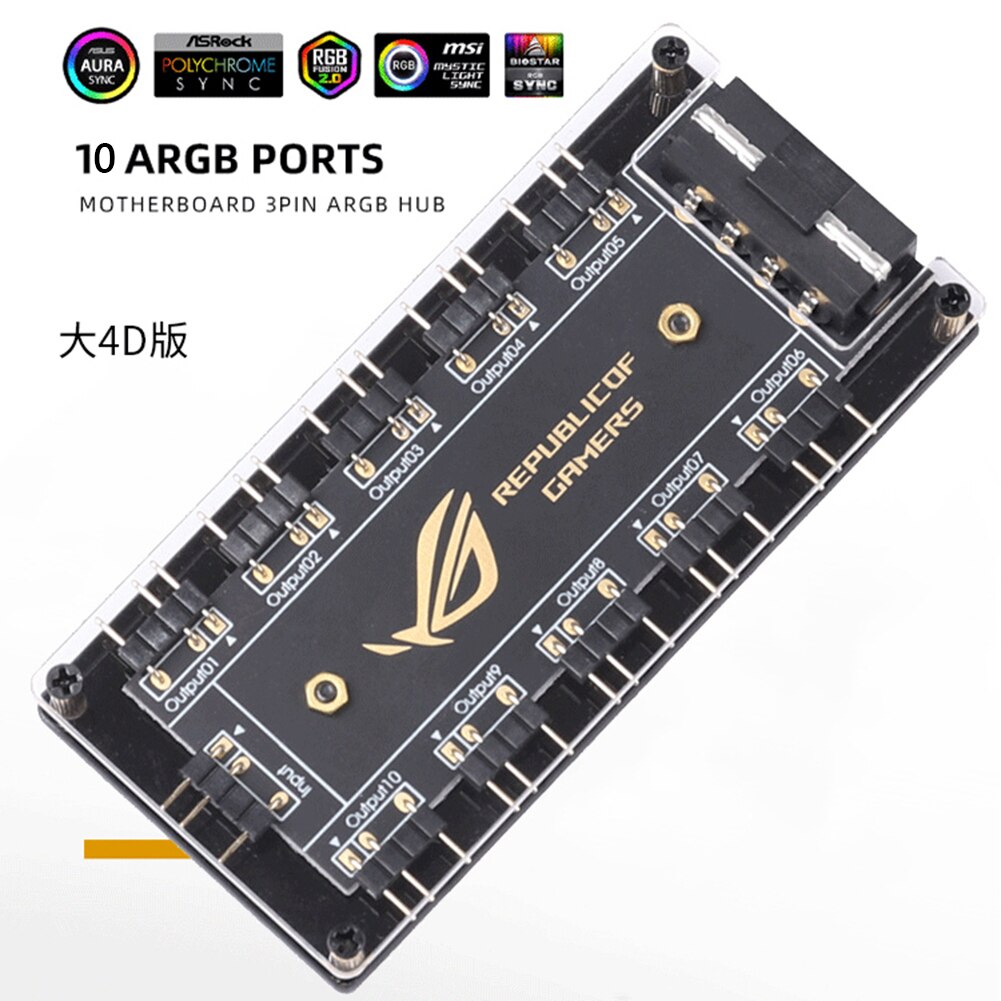 RGB Fan Hub ARGB Cable Splitter Hub Adapter 5V 3 pin SATA/large 4D Power PC Accessories 10-in-1 for ASUS/MSI/GIGABYTE/ASRock