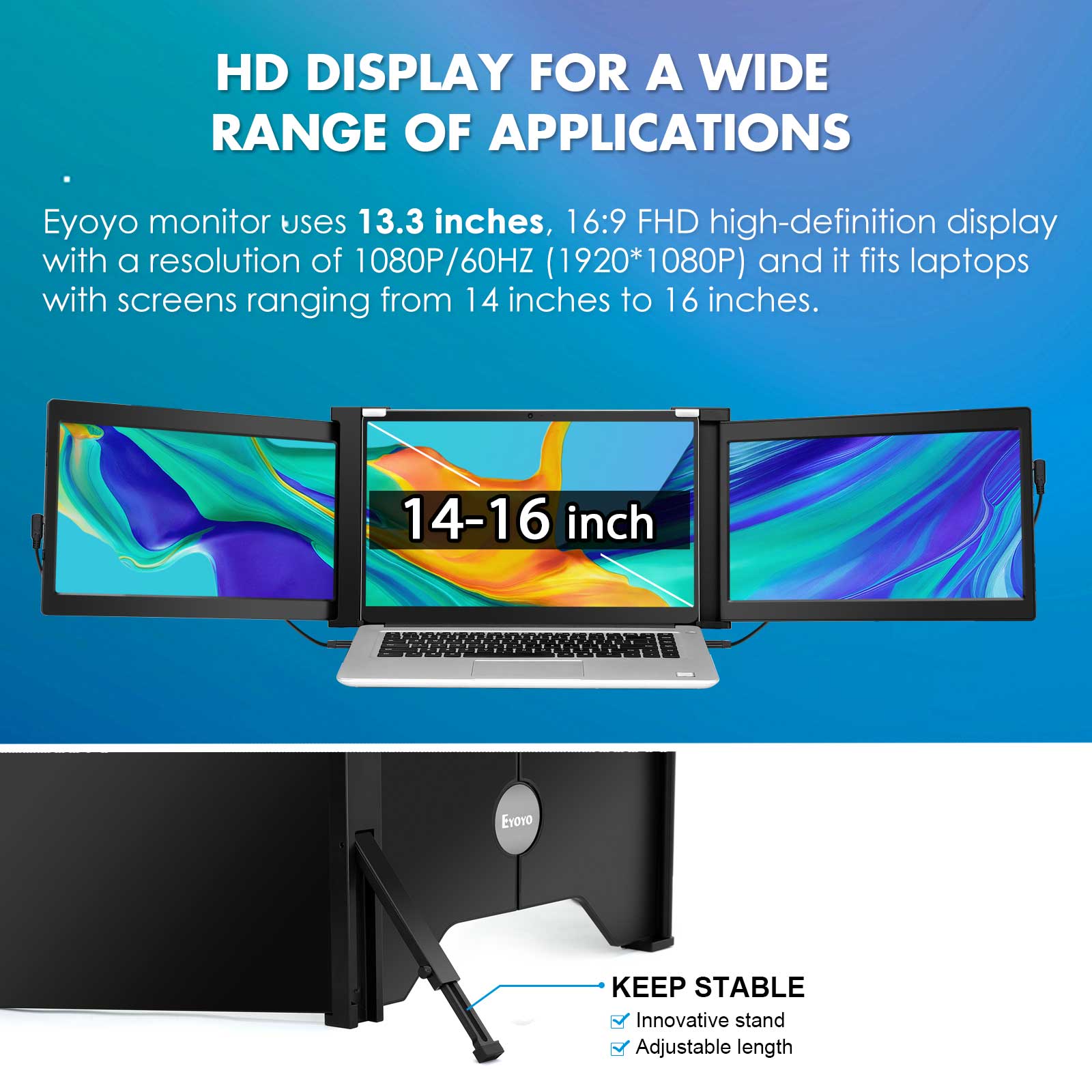 Eyoyo شاشة ألعاب مزدوجة محمولة USB-C شاشة عرض ألعاب 13.3 بوصة HDR 1920x1080P IPS شاشة ثانية لموسع الكمبيوتر المحمول الثلاثي