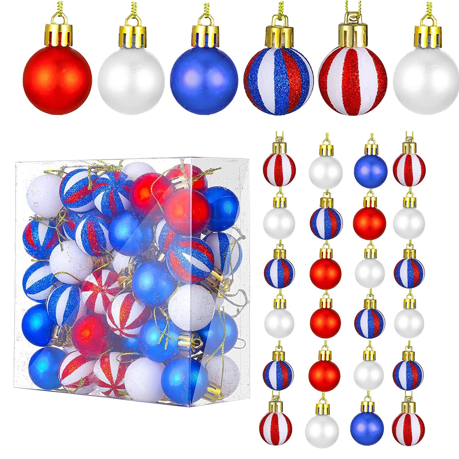 54pcs July 4th Memorial Day Plastic For Tree Christmas Home Holiday Party Decorations USA Themed Patriotic Hanging Ball Ornament