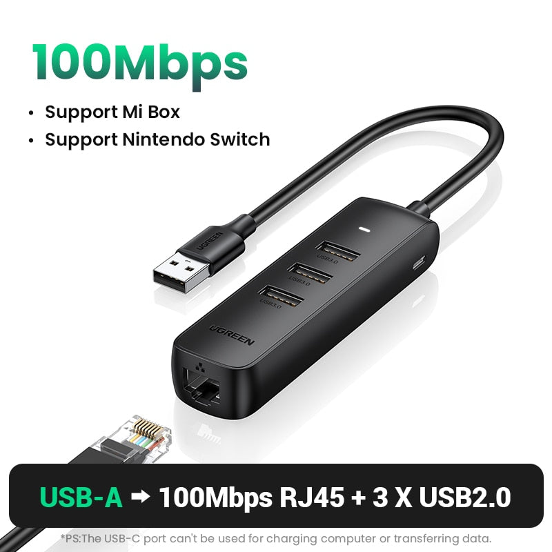 UGREEN USB Ethernet Adapter 1000/100Mbps USB3.0 HUB RJ45 Lan for Laptop PC Xiaomi Mi Box Macbook Windows USB-C HUB Network Card