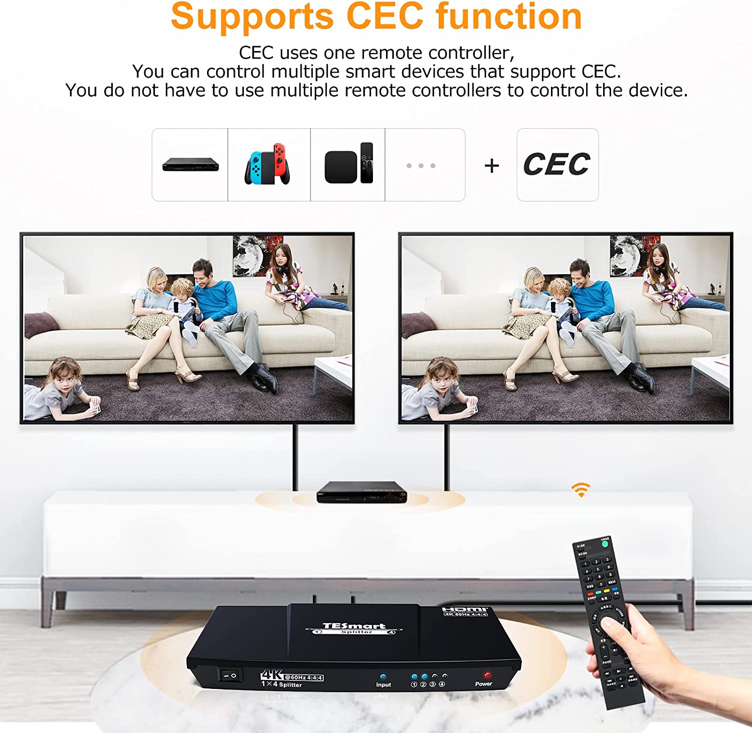 4K HDMI Splitter 1 in 4 Out, HDMI Splitter 1x4 Support 4K@60hz, HDR10, HDCP 2.2, CEC, Compatible with Fire Stick, Apple TV, Xbox