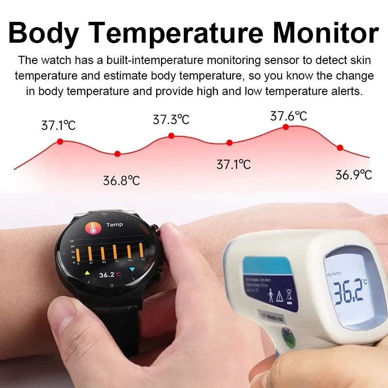 2023 جلوكوز الدم ساعة ذكية كاملة شاشة تعمل باللمس رجالي ECG مراقبة ضغط الدم درجة حرارة الجسم Smartwatch IP68 مقاوم للماء