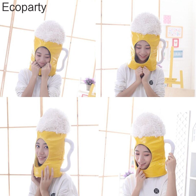 New Creative Japanese Funny Beer Cup Cosplay Headgear Yellow Cartoon Plush Toy Hat Halloween Carnival Costume Party Photo Props