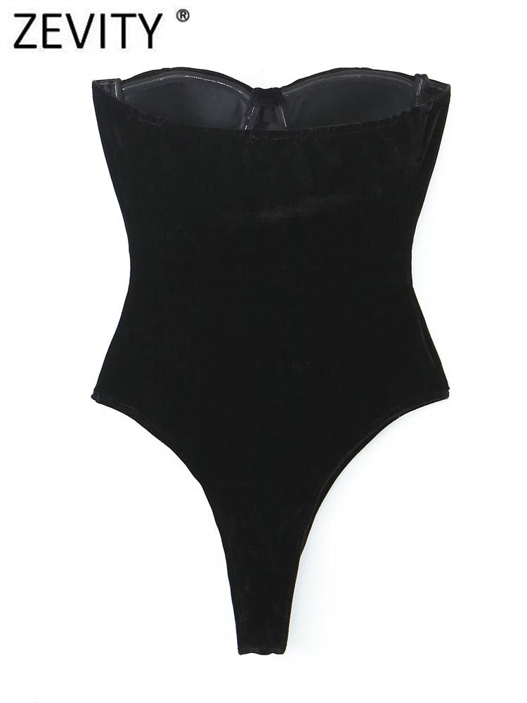 Zevity New Women Sexy Off Shoulder Black Velvet Slim Bodysuits Ladies Strapless Summer Beach Wear Playsuits Mujer Rompers LS2872